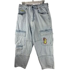 Empyre Loose‎ Fit Cargo Jeans Light Wash Skate Graffiti Spray Can Womens 28x25.5